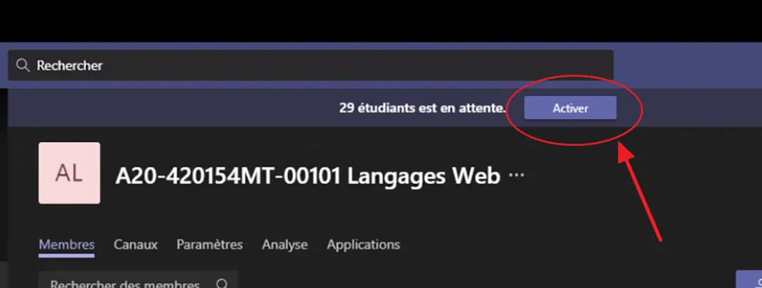 Capture d'écran utilisée pour une procédure d'activation de classe Teams