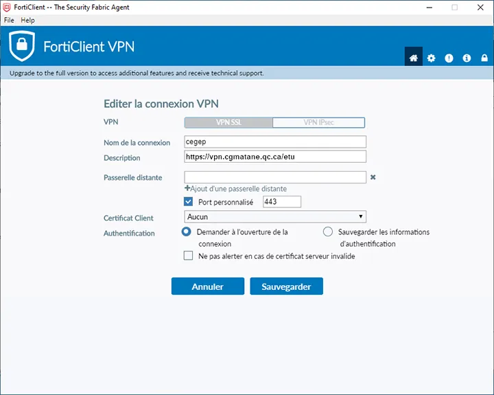 Capture d'écran utilisée pour une procédure de connexion au VPN élève