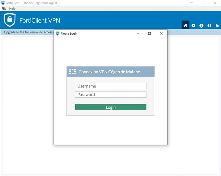 Capture d'écran utilisée pour une procédure de connexion au VPN employé