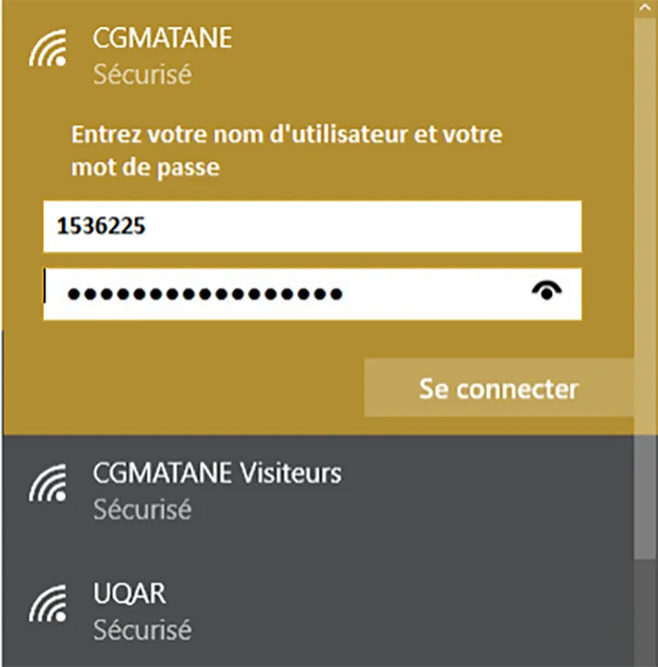 Capture d'écran utilisée pour une procédure de connexion au wifi