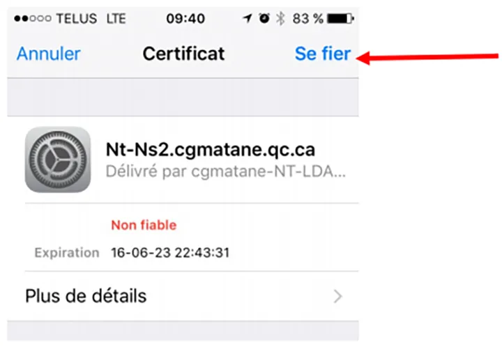 Capture d'écran utilisée pour une procédure de connexion au wifi