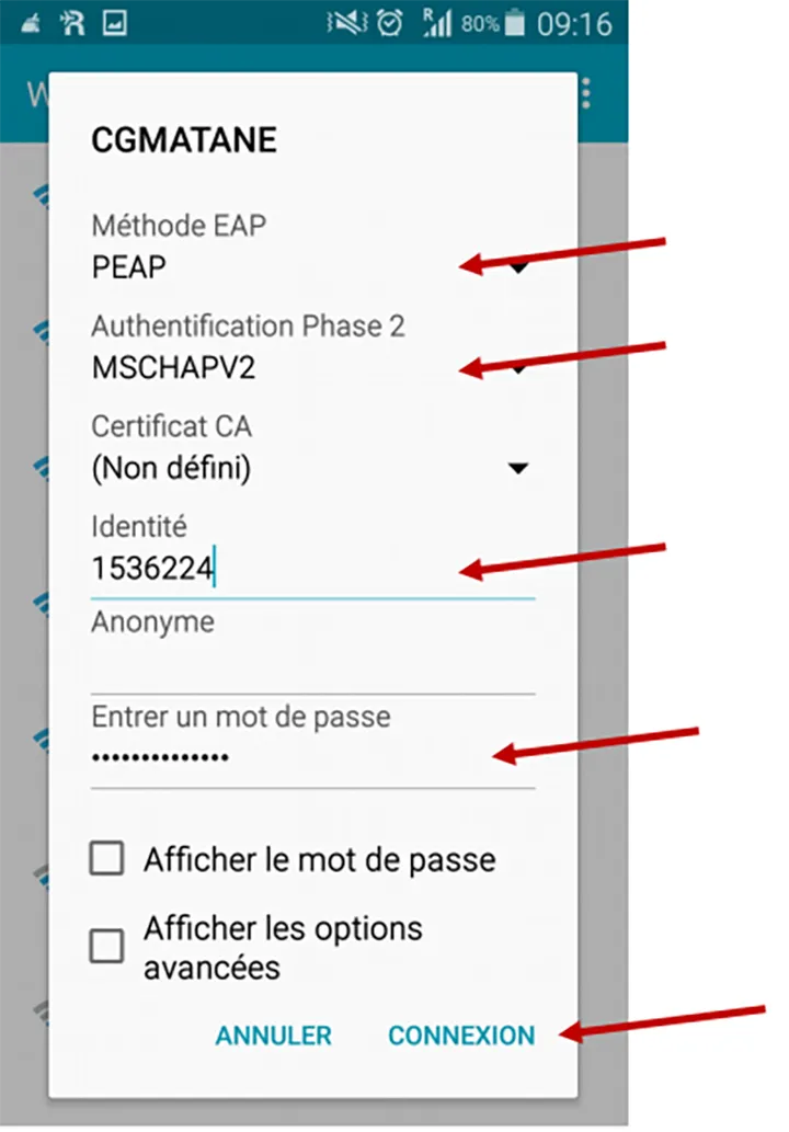 Capture d'écran utilisée pour une procédure de connexion au wifi