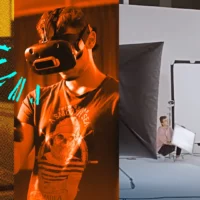 Montage photo d'un élève avec un casque de réalité virtuelle et d''étudiants dans le studio photo