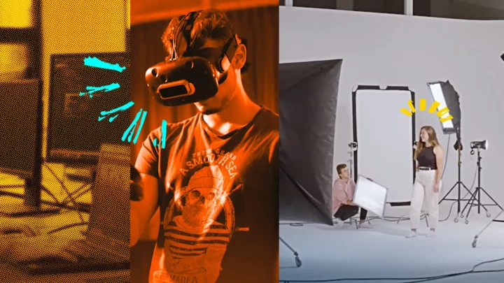 Montage photo d'un élève avec un casque de réalité virtuelle et d''étudiants dans le studio photo